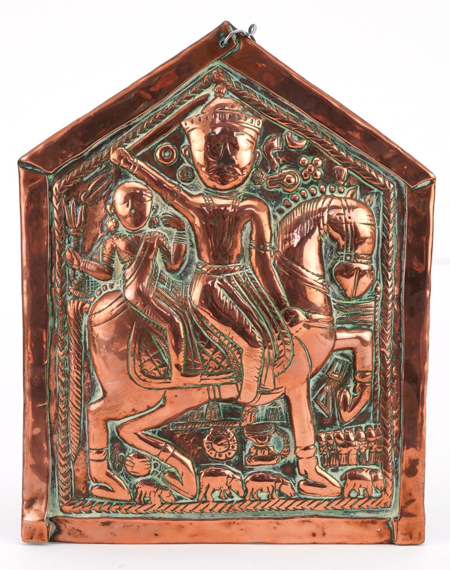 19th century Indian copper amulet decorated in relief with two deities on horseback, 19cm x 15cm :