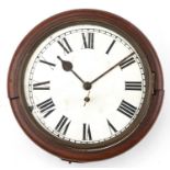 Victorian mahogany fusee wall clock with painted dial having Roman numerals, 37cm in diameter :