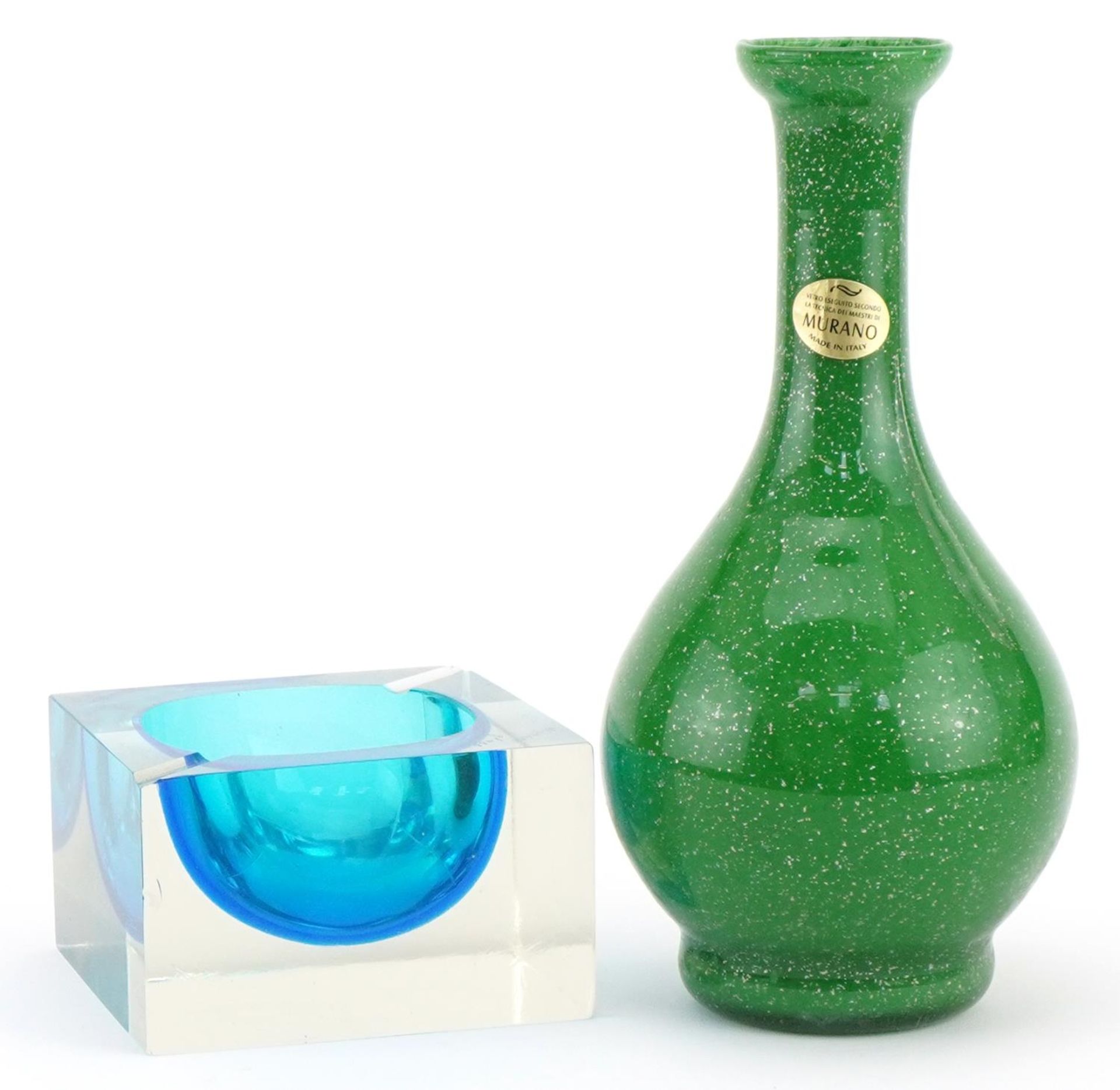 Murano Sommerso two colour glass dish and a Murano Vetro silver flecked green cased glass vase, - Image 2 of 4