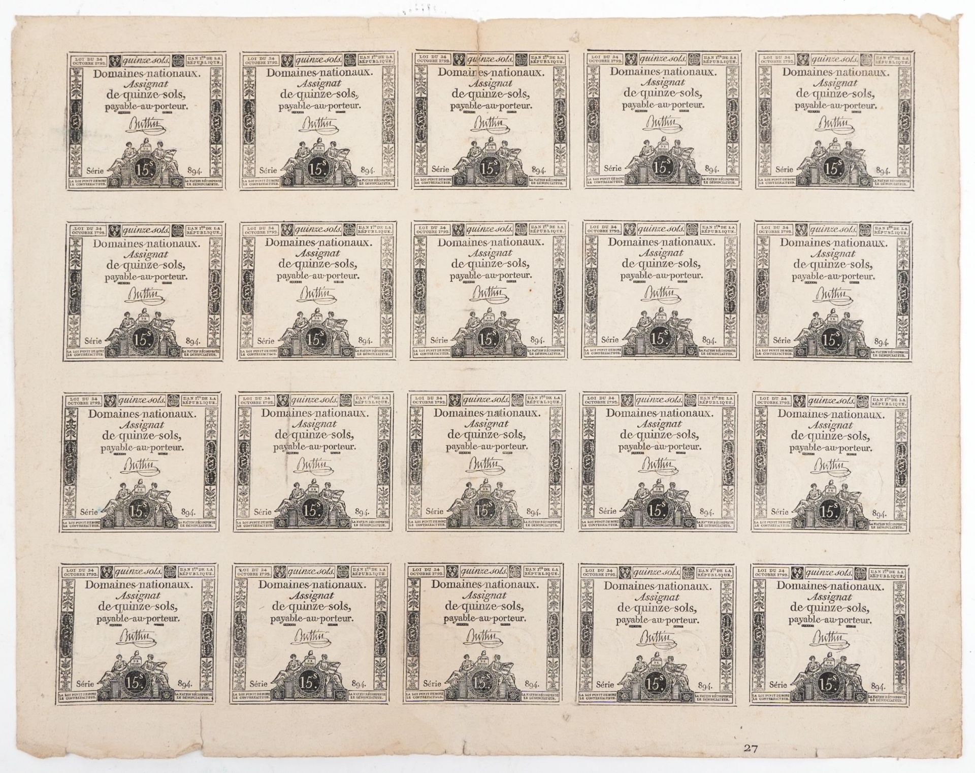 18th century uncut sheet of twenty French Revolution fifteen sols banknotes, series 894 : For