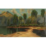 After H B Johnstone - Landscape with trees, oil on canvas, inscribed verso, mounted and framed, 40cm
