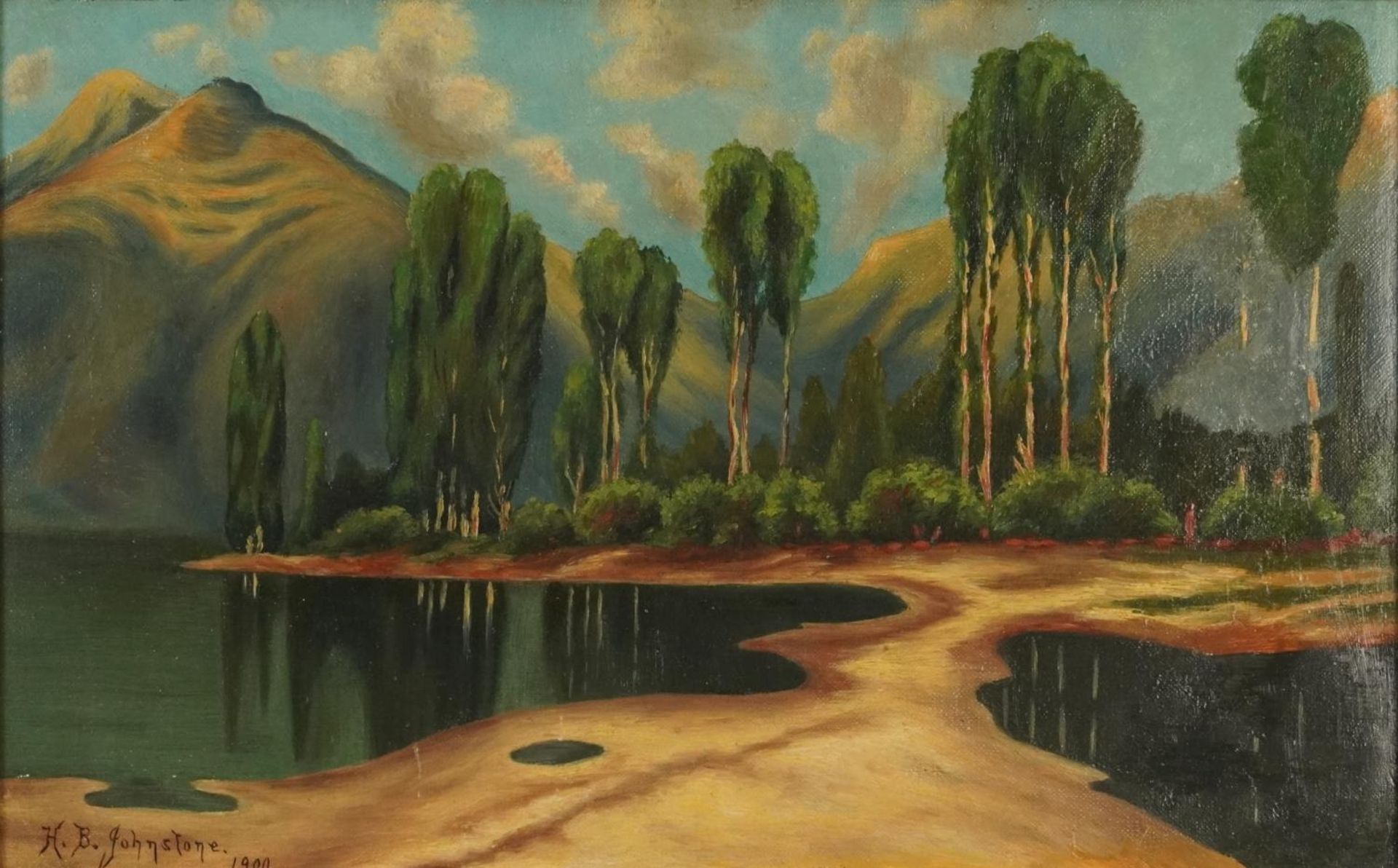 After H B Johnstone - Landscape with trees, oil on canvas, inscribed verso, mounted and framed, 40cm