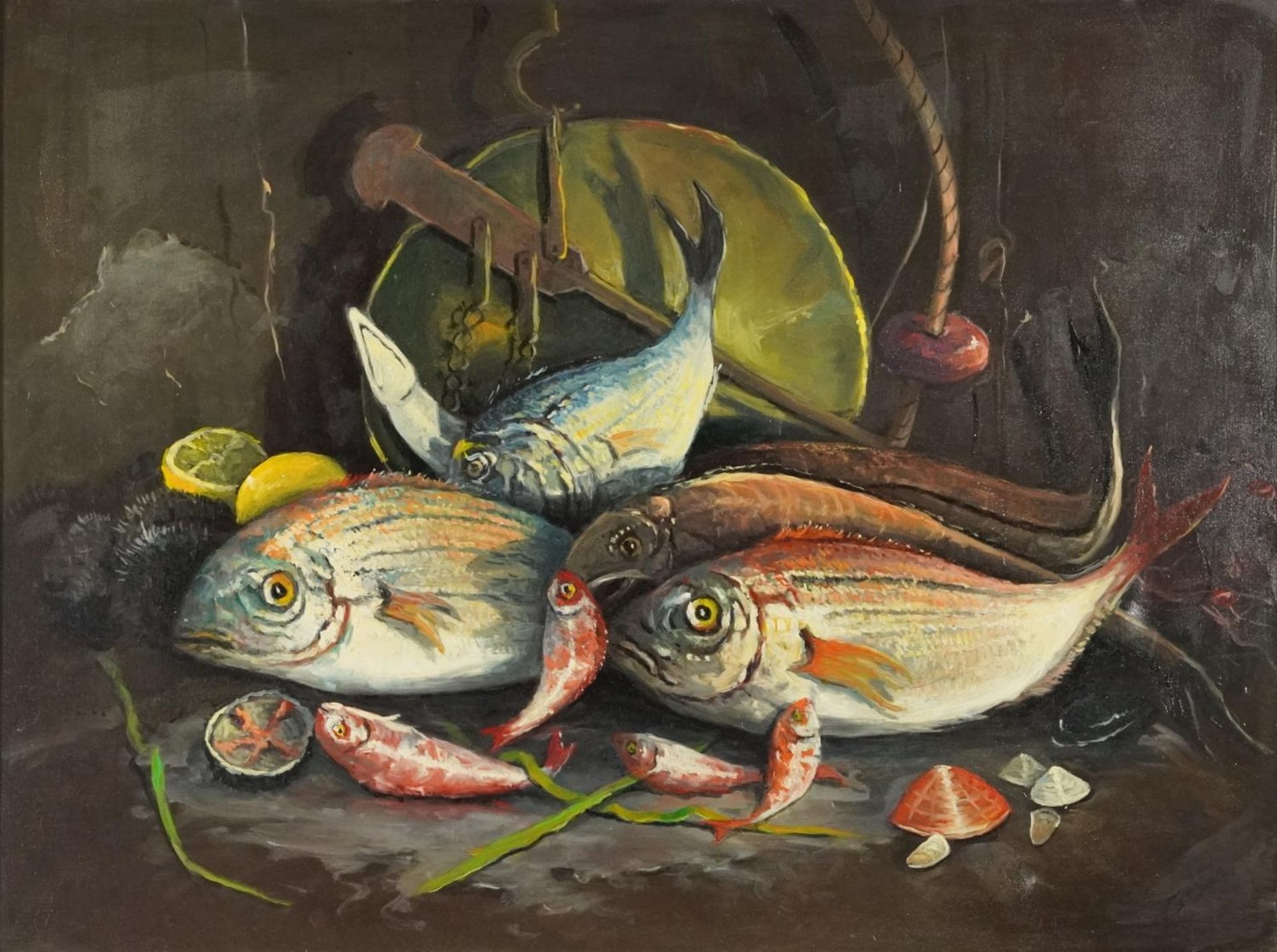Still life fish and shellfish, continental oil on canvas, possibly French, inscribed verso,