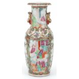 Chinese porcelain Canton vase with twin handles hand painted in the famille rose palette with
