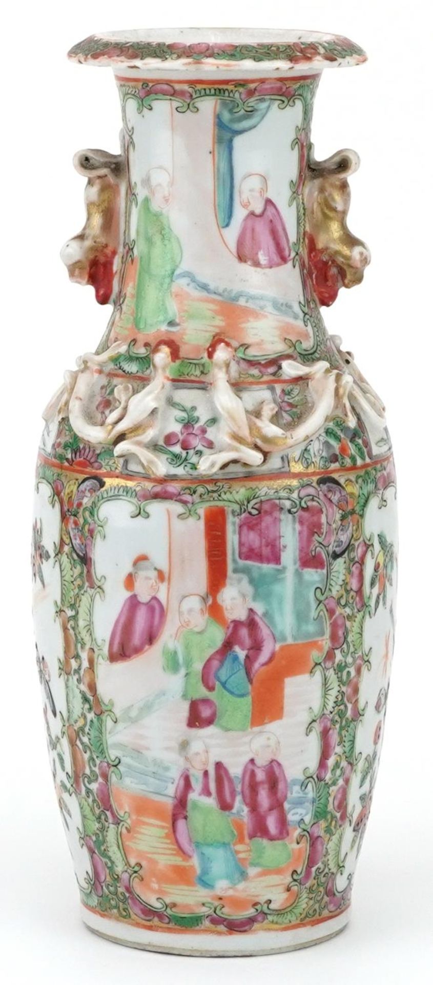 Chinese porcelain Canton vase with twin handles hand painted in the famille rose palette with