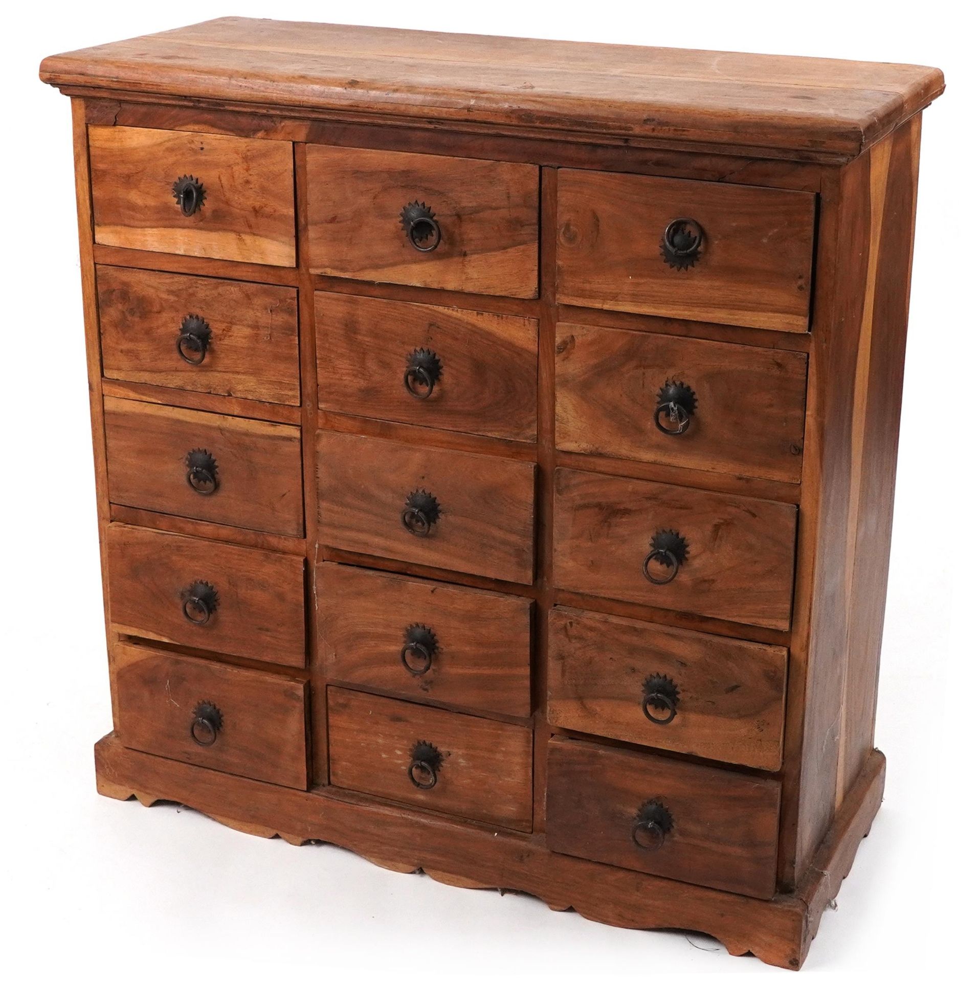 Asian hardwood fifteen drawer haberdashery chest, 89cm H x 88cm W x 36cm D : For further information