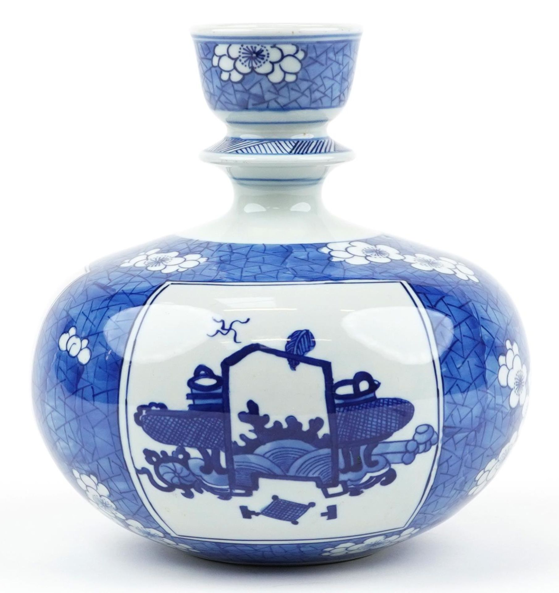 Chinese blue and white porcelain hookah base hand painted with panels of luck objects onto a