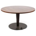 Large Industrial circular hardwood and steel dining table with wheels to the base, 72cm high x 130cm
