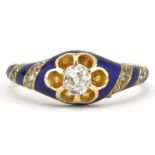 Victorian 18ct gold diamond and blue enamel ring, the central diamond approximately 4.10mm in