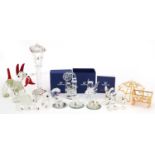 Collection of glass and crystal animals including a Murano dog and Swarovski animals, the largest