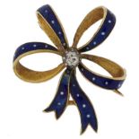 Victorian unmarked gold diamond solitaire and blue enamel bow brooch, tests as 18ct gold, the