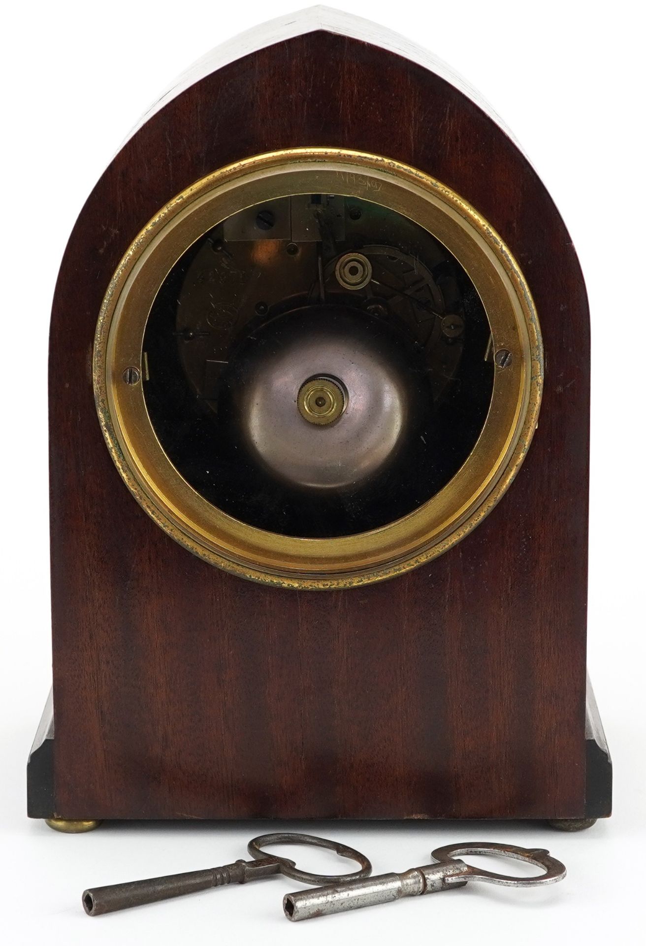 Henri Marc of Paris, Gothic style arch top mahogany mantle clock with circular enamelled dial having - Image 3 of 4