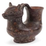 South American Pre Columbian style terracotta handled vessel in the form of a cat, 29cm in