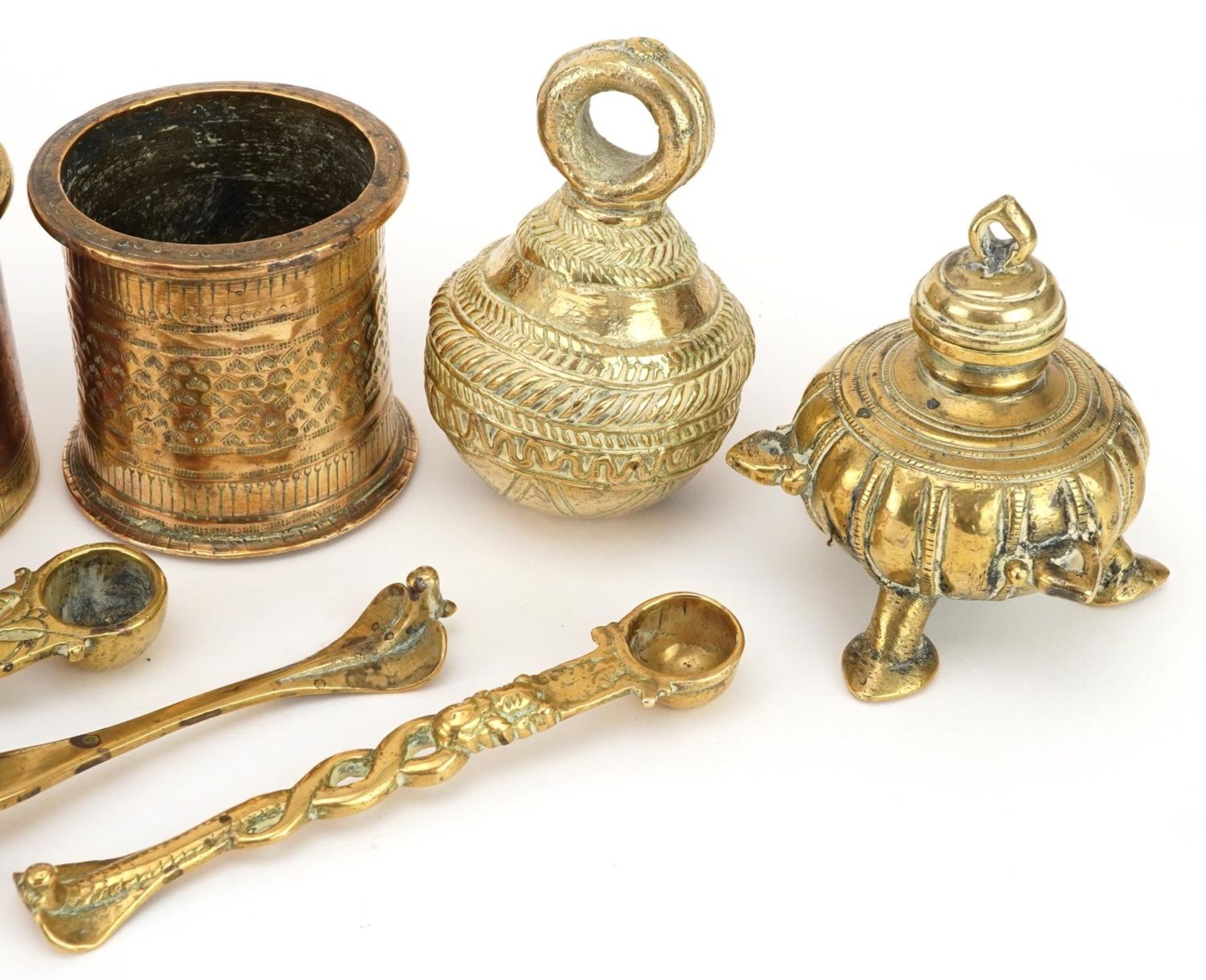 18th/19th and 20th century Indian metalware including three anointing spoons, Panch Patra holy water - Image 3 of 3