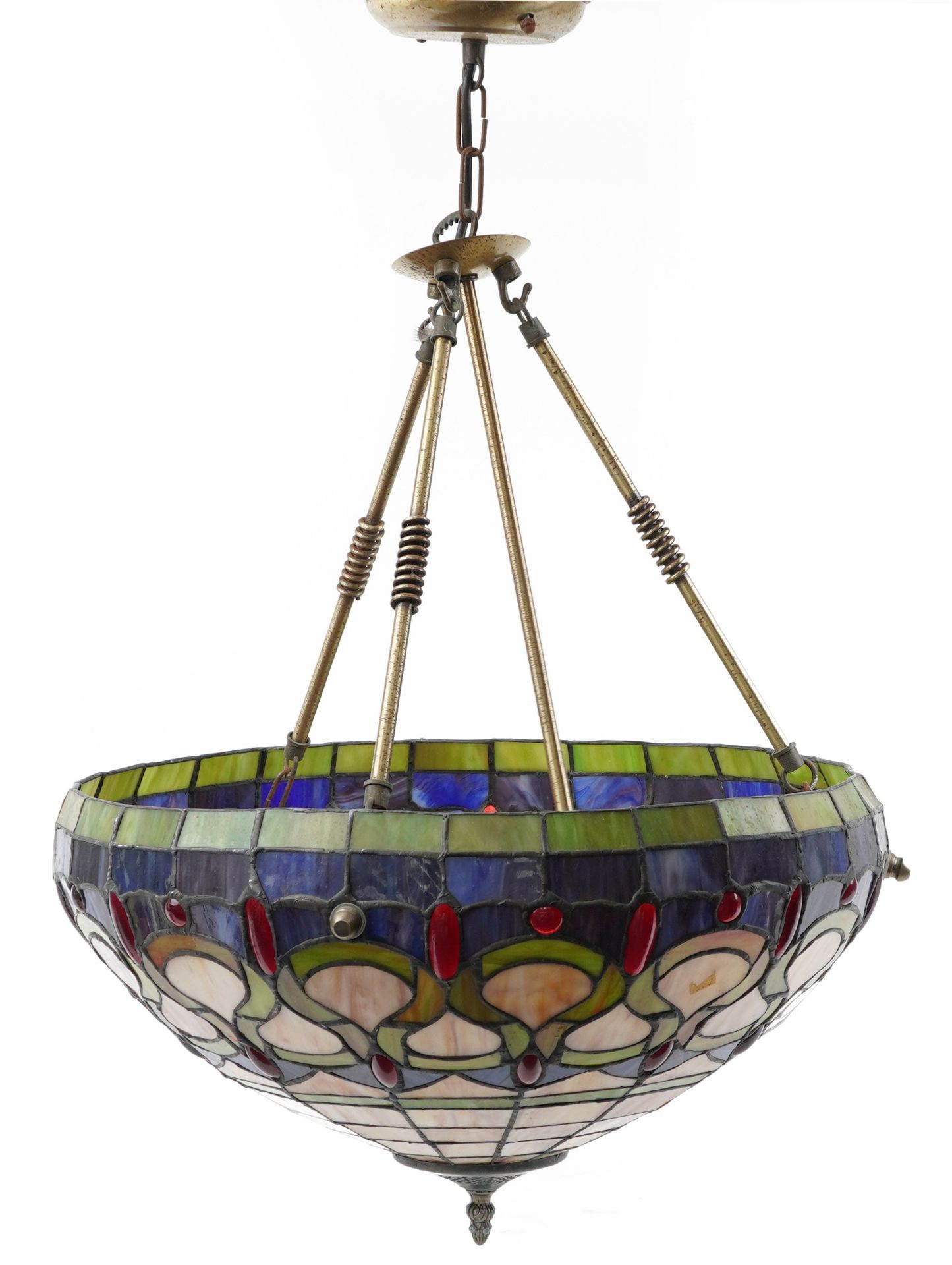 Pair of large Tiffany design leaded stained glass hanging light fittings, each 46cm in diameter : - Image 3 of 5