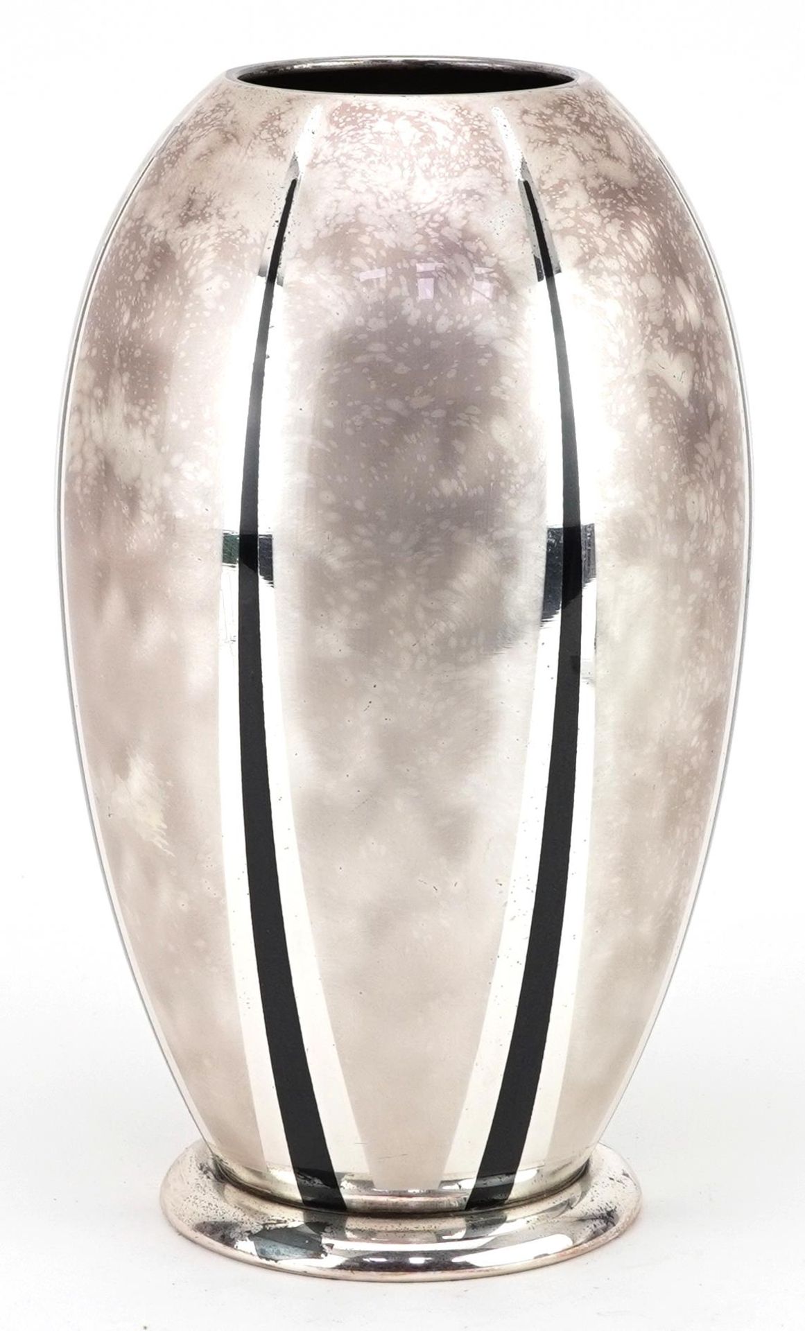 Stylish WMF Ikora silver metal planished vase with black Art Deco lines, impressed mark to the base, - Image 2 of 4