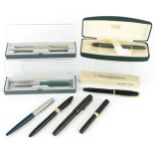 Eight vintage and later fountain pens including Sheaffer, Namiki, Mentmore, Parker and Conway