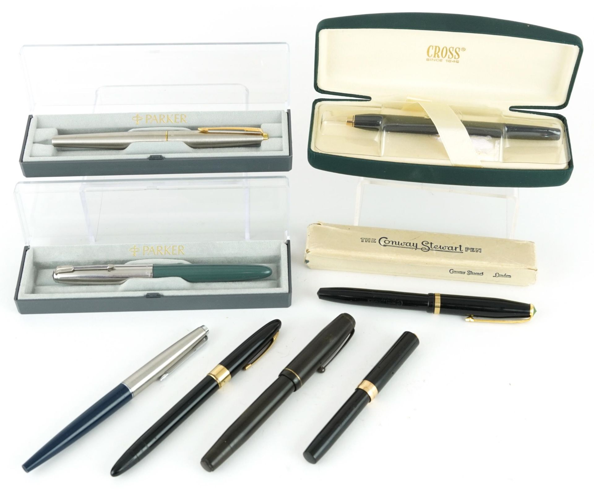 Eight vintage and later fountain pens including Sheaffer, Namiki, Mentmore, Parker and Conway