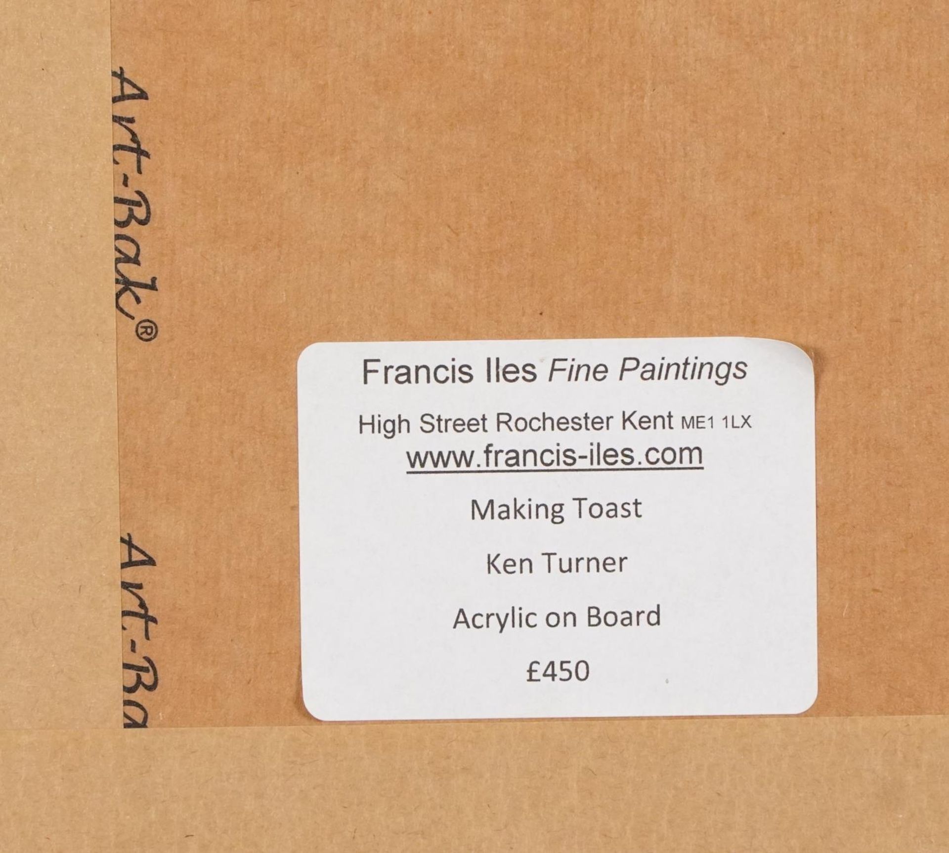 Ken Turner - Making Toast, acrylic on board, Francis Iles label verso, mounted and framed, 16.5cm - Image 5 of 5