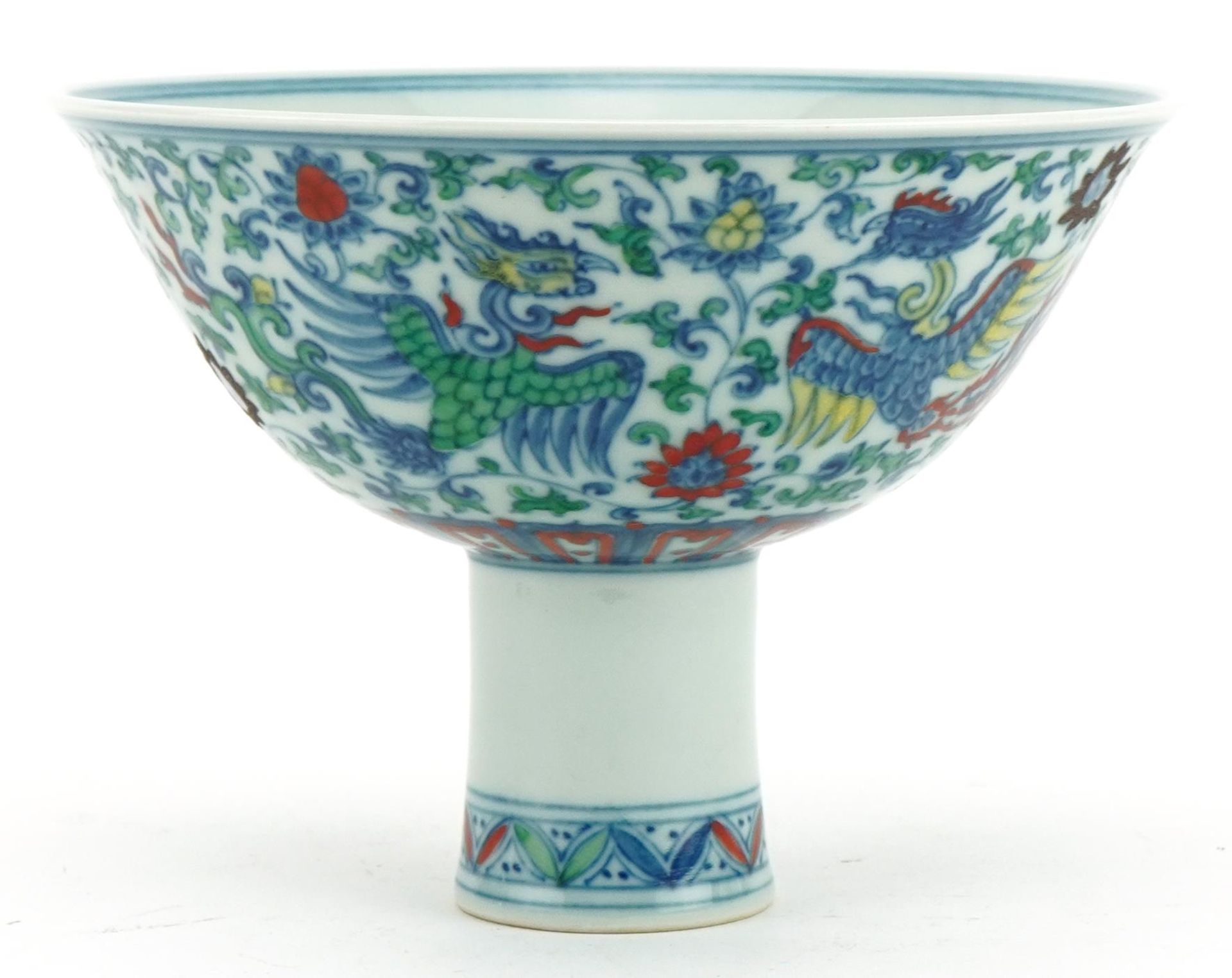 Chinese doucai porcelain stem bowl hand painted with phoenixes amongst flowers, six figure character - Image 4 of 7