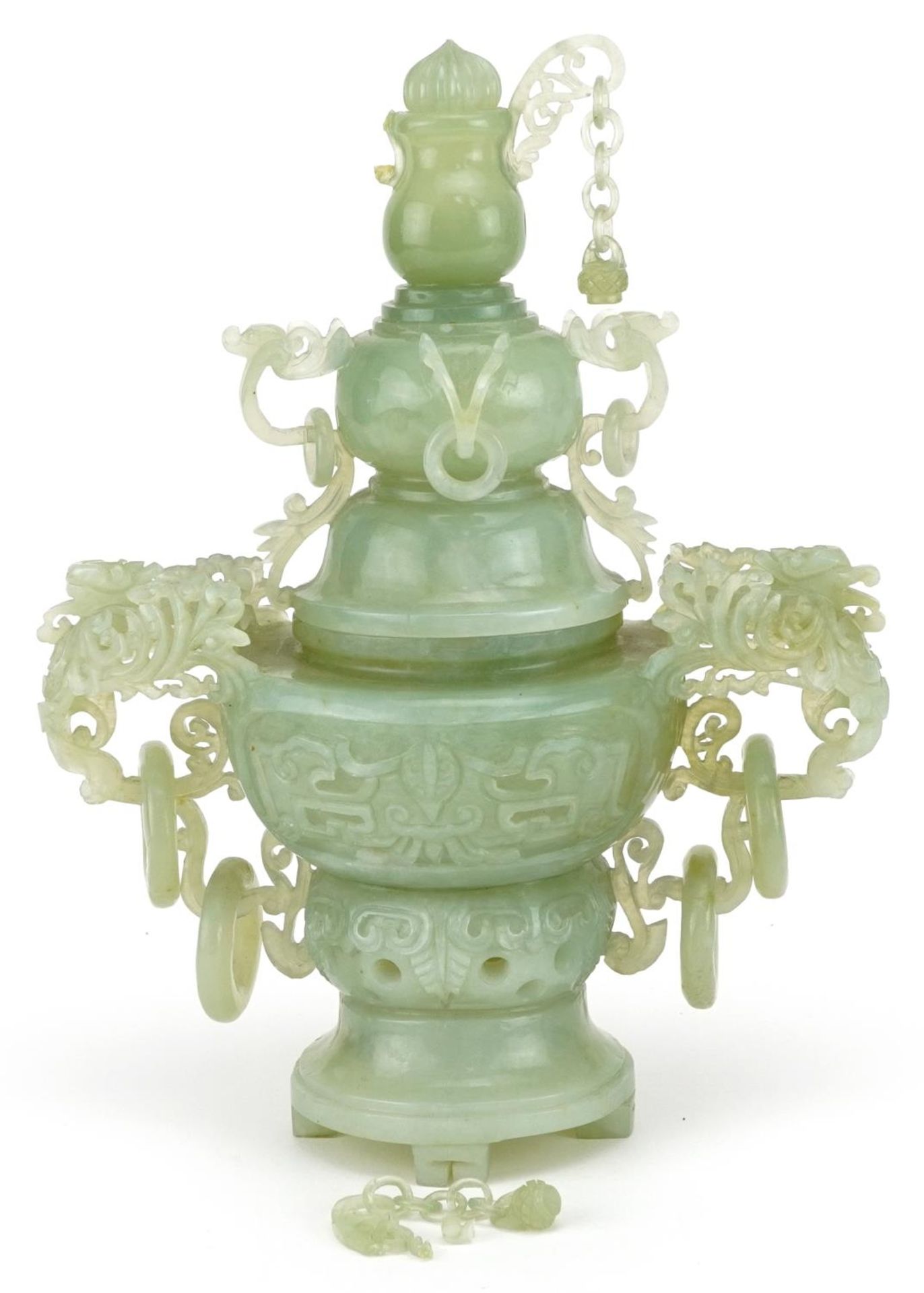 Chinese green jadeite lidded censer with ring turned handles carved with mythical animals, 29cm high