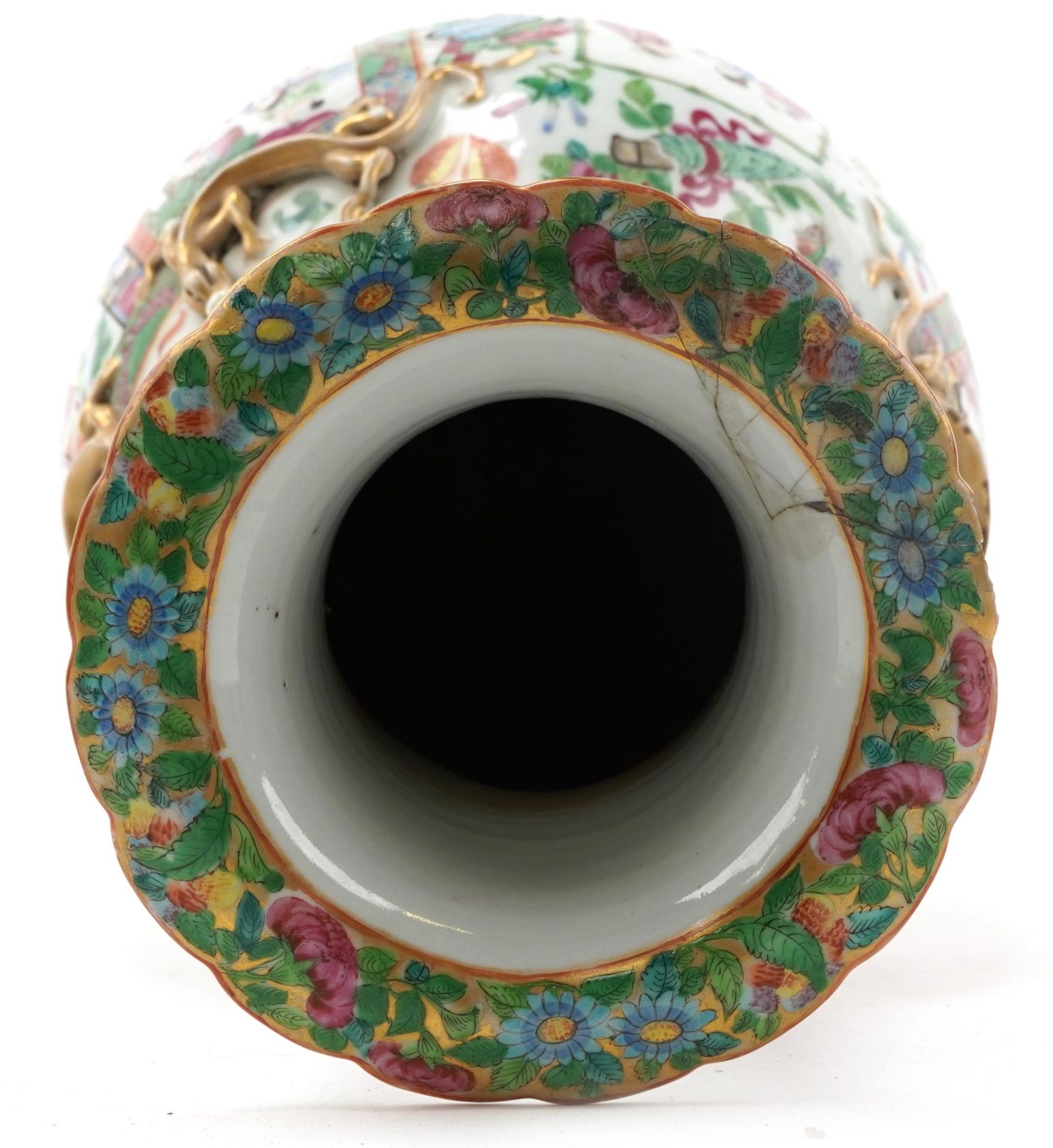Large Chinese Canton porcelain vase with animalia handles hand painted in the famille rose palette - Image 5 of 6