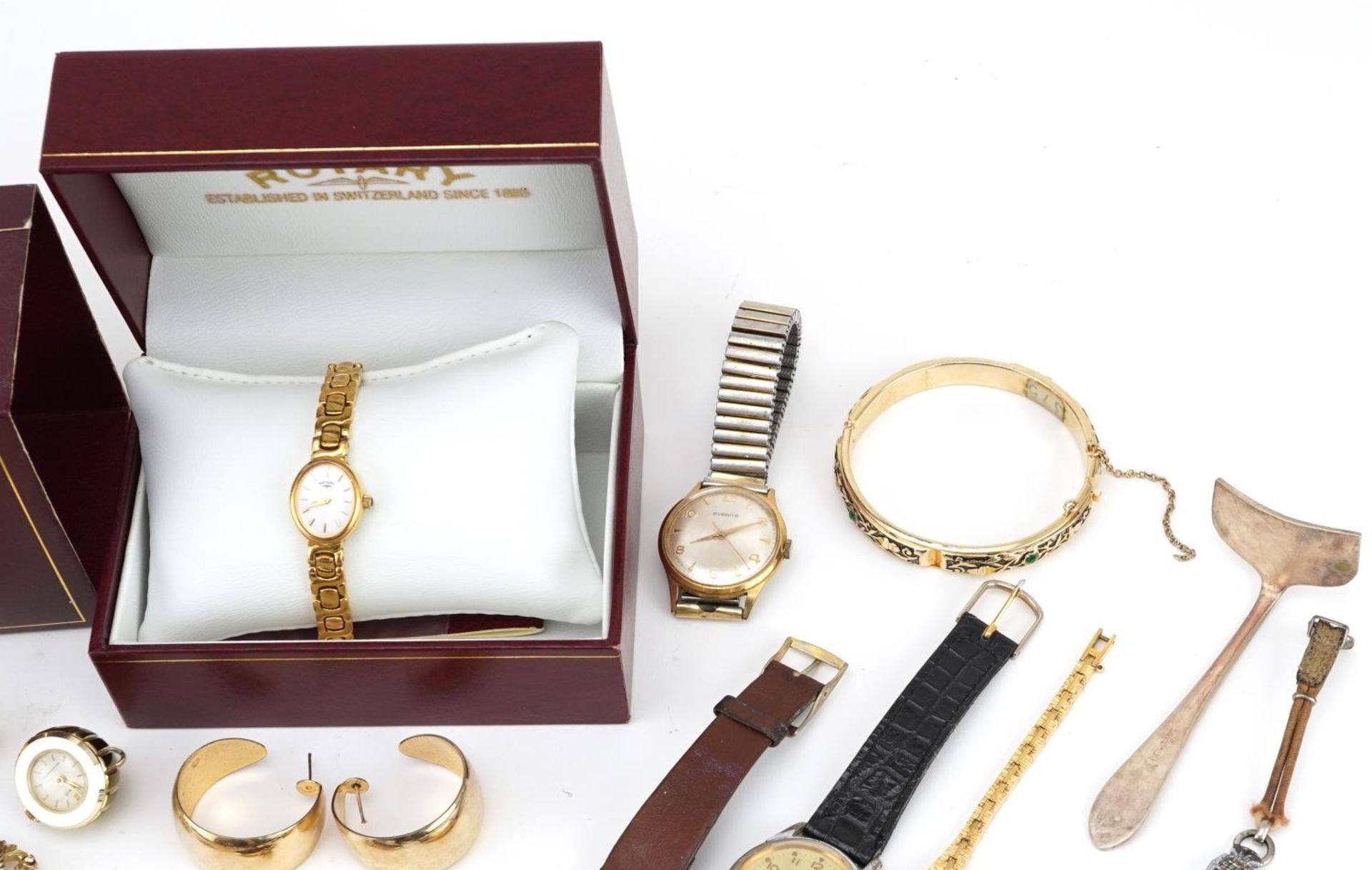Vintage and later jewellery, wristwatches and objects including Roamer, 9ct gold earring, military - Image 3 of 5