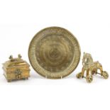 18th/19th century Southern Indian metalware including brass jewellery casket and a temple horse, the