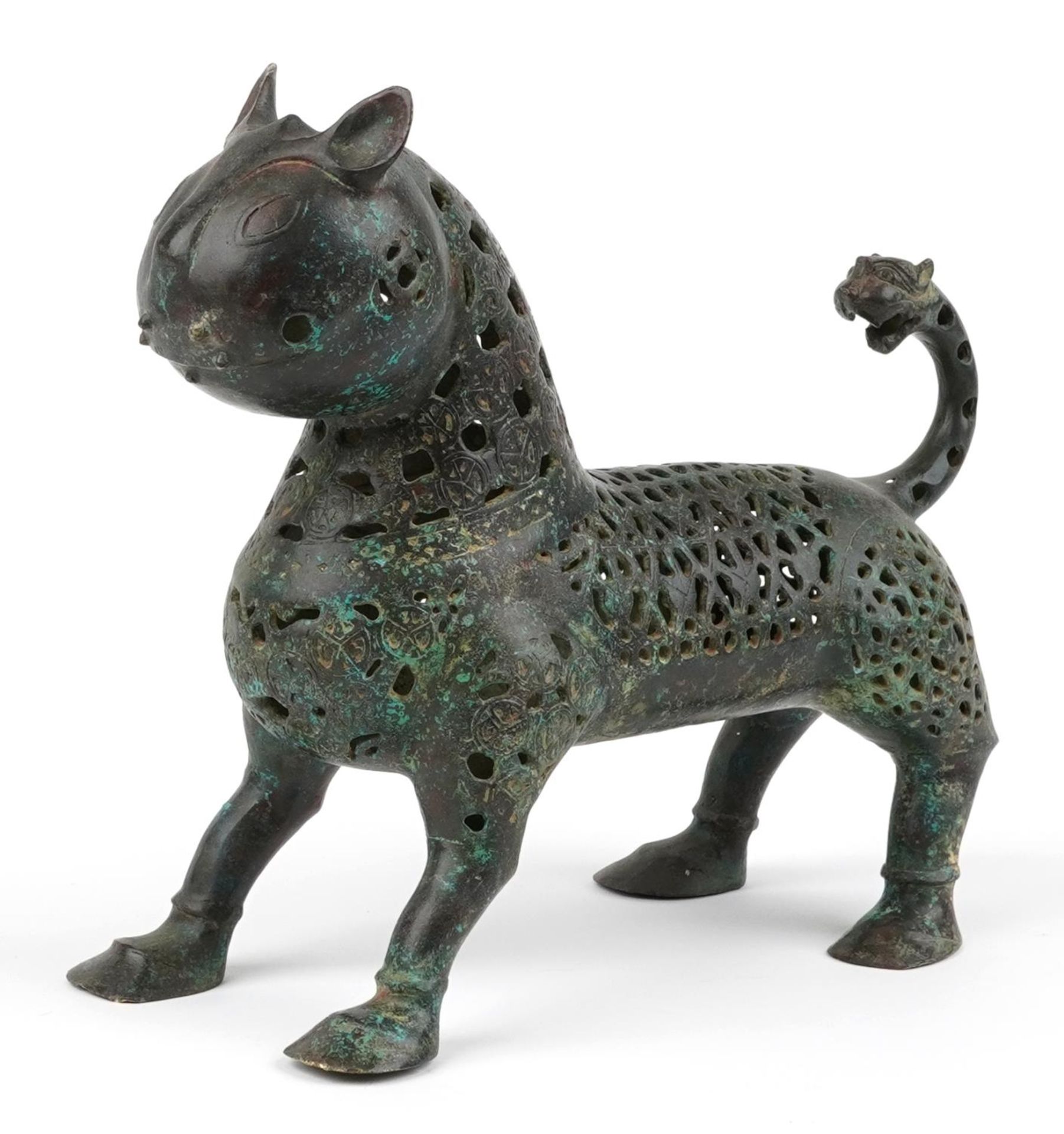 Persian verdigris patinated bronze openwork mythical cat, 31cm in length : For further information