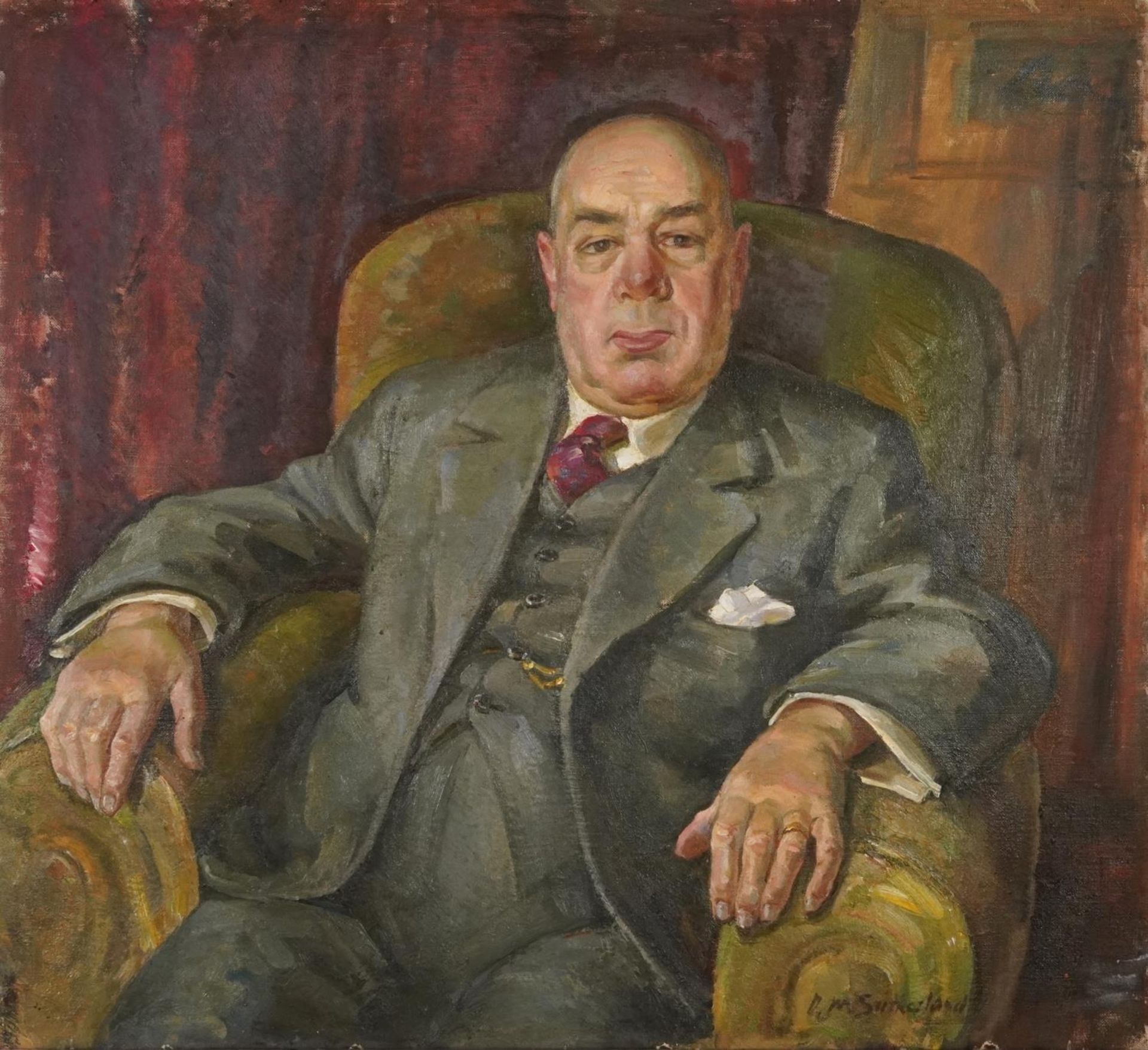 D M Sutherland - Portrait of John T Grassie Esq, signed oil on canvas, inscribed labels verso,