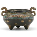 Chinese gold splashed porcelain tripod censer with animalia handles hand painted in the archaic
