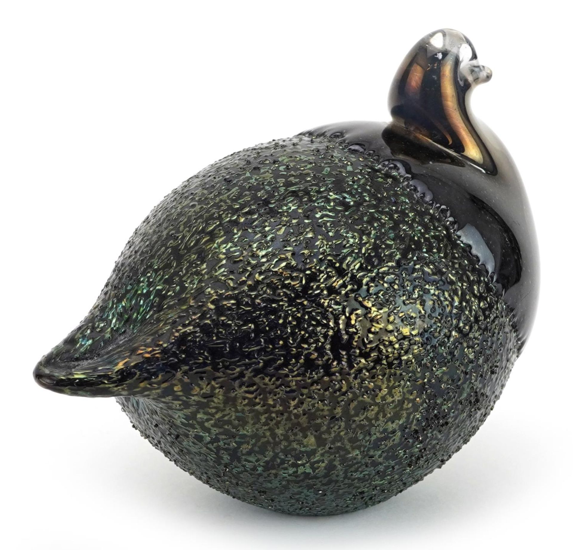 Jussis, mid century Finnish Riihimaki iridescent art glass bird paperweight, paper label and - Image 2 of 4