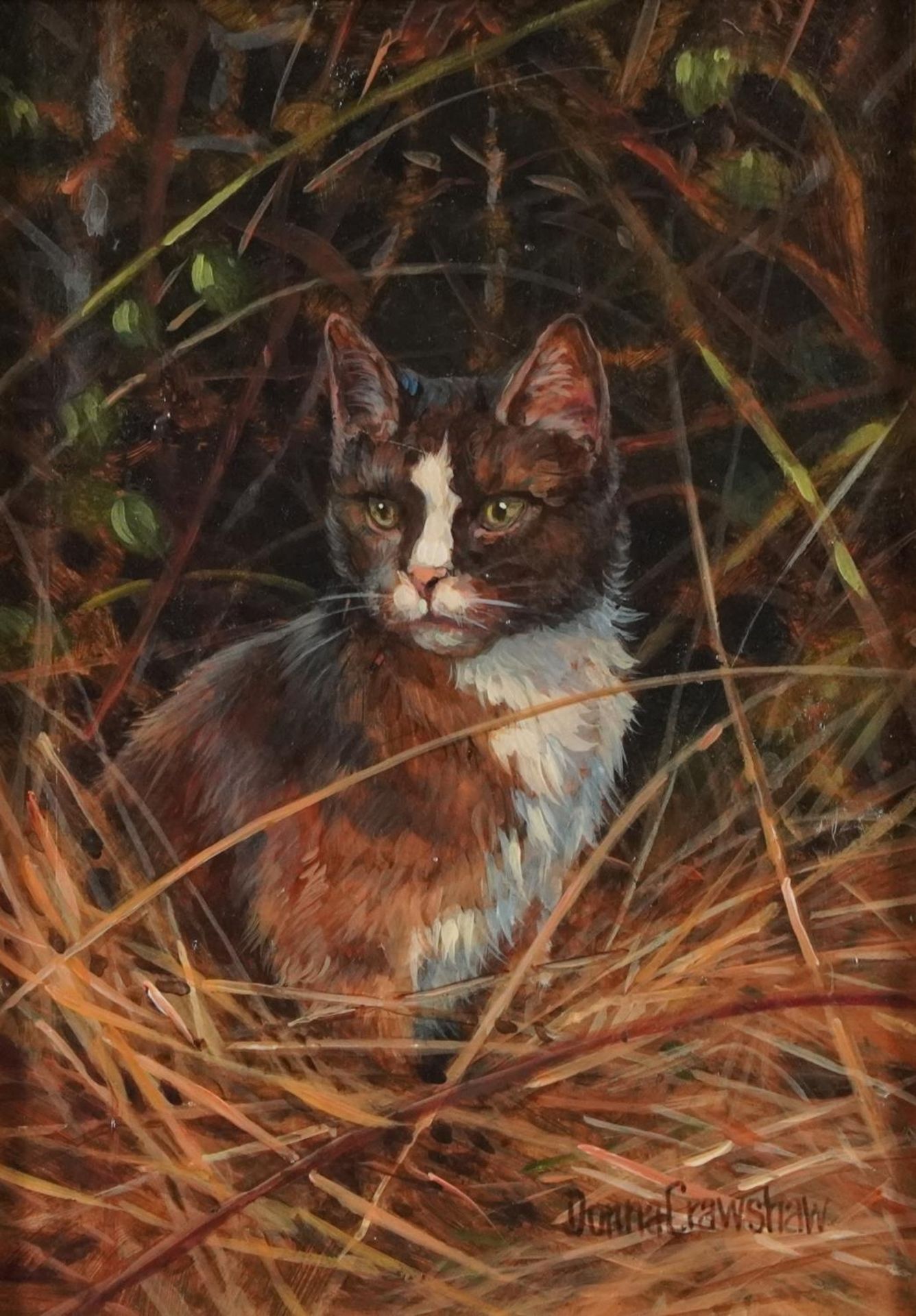 Donna Crawshaw - Cat in Hedge I, Modern British oil on board, O G Mell Galleries London label and