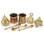 18th/19th and 20th century Indian metalware including three anointing spoons, Panch Patra holy water