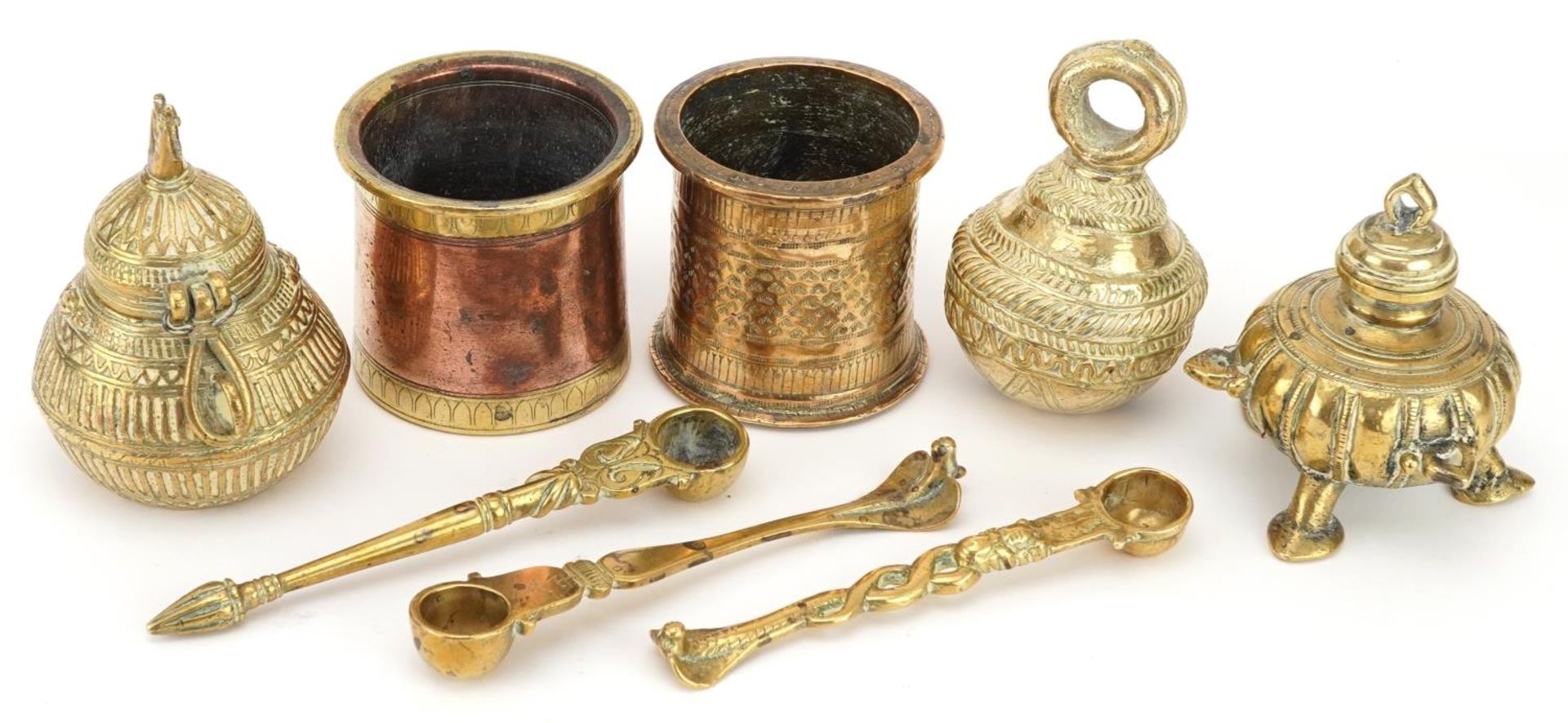 18th/19th and 20th century Indian metalware including three anointing spoons, Panch Patra holy water