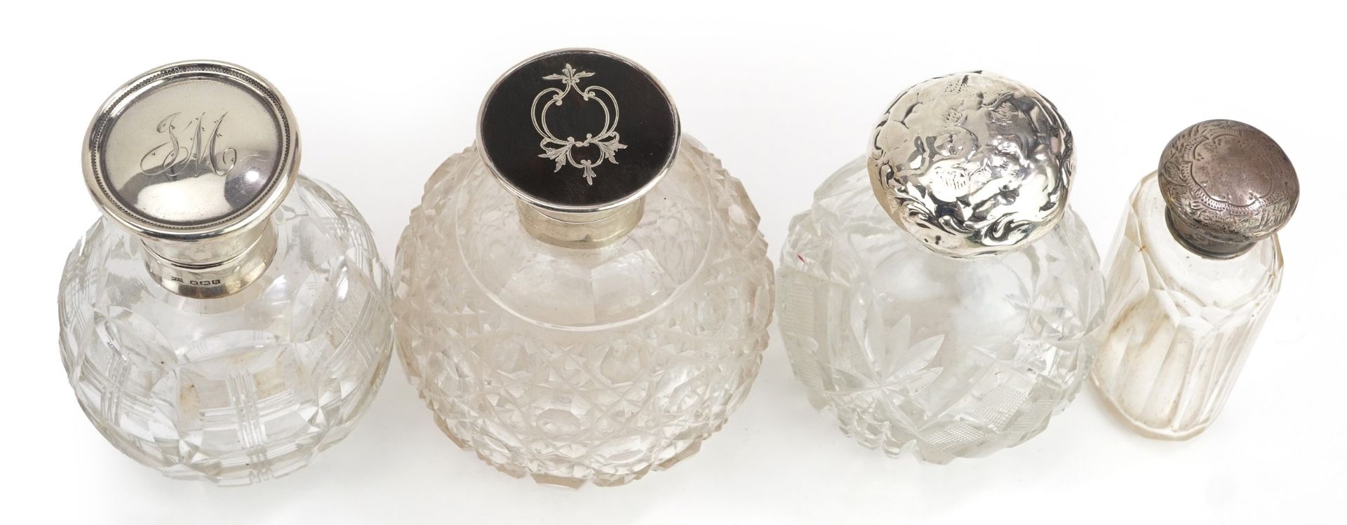 Victorian and later silver mounted cut glass sent bottles, one with tortoiseshell pique work lid, - Image 2 of 5