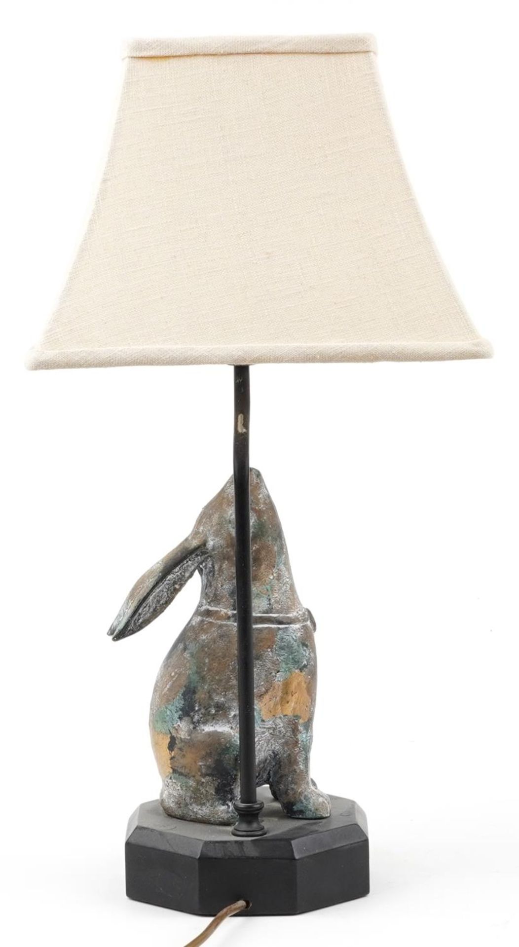 Chinese table ebonised table lamp with shade surmounted with a verdigris partially gilt bronzed - Image 3 of 4