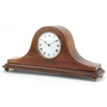 Inlaid mahogany Napoleon hat shaped mantle clock with enamelled dial having Roman numerals, 35cm
