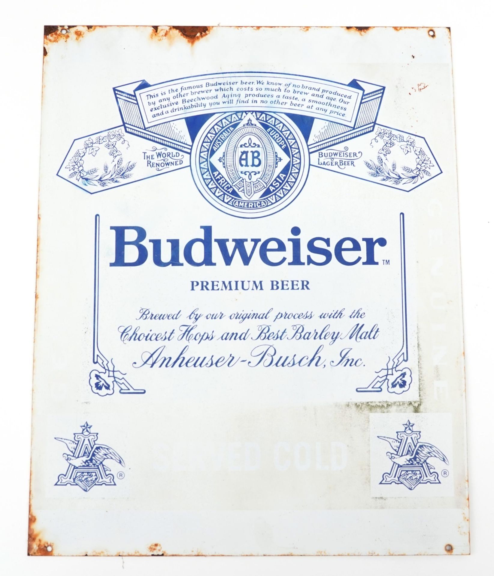 Budweiser Premium Beer aluminium advertising sign, 50cm x 40cm : For further information on this lot