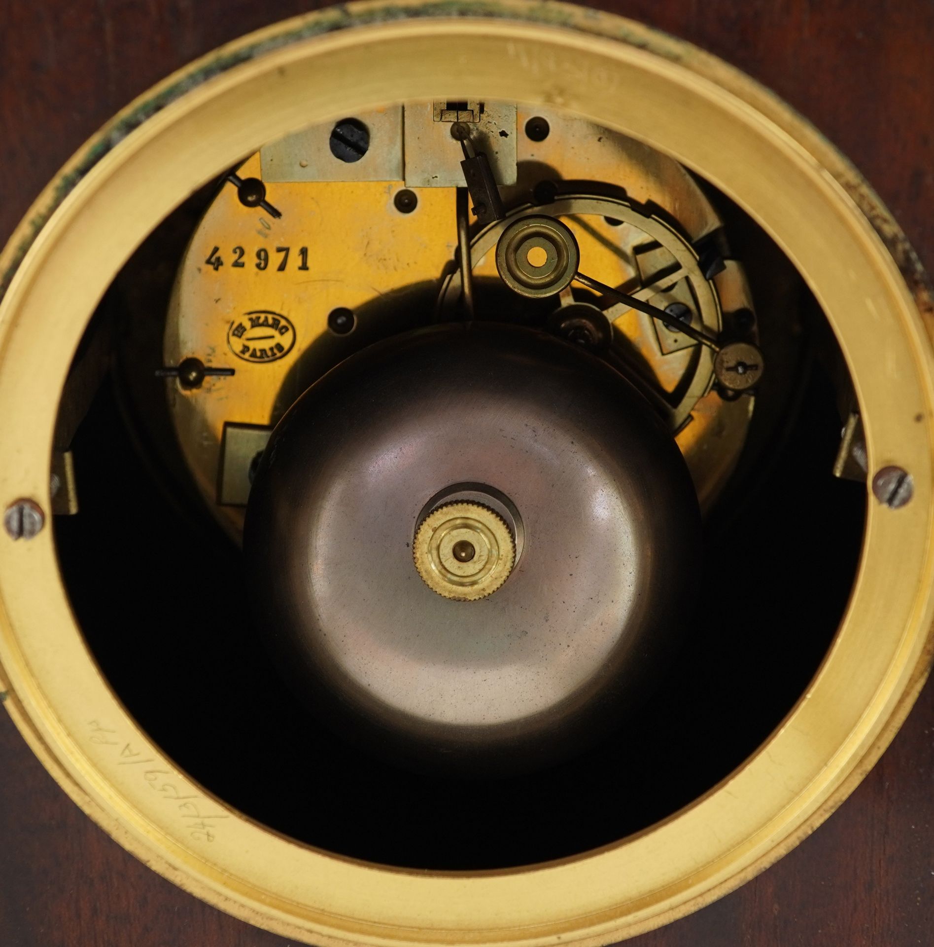 Henri Marc of Paris, Gothic style arch top mahogany mantle clock with circular enamelled dial having - Image 4 of 4