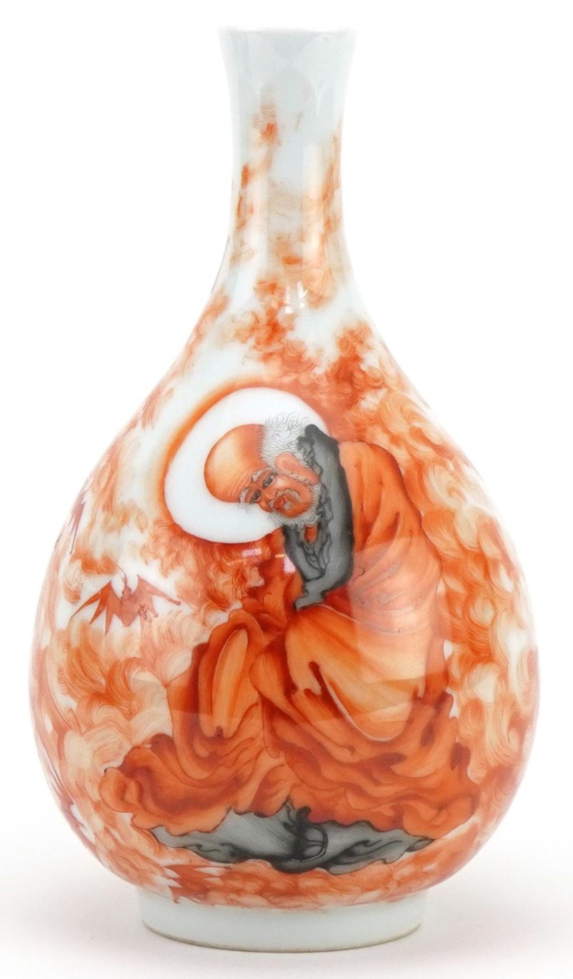 Chinese porcelain vase hand painted in iron red with a monk, calligraphy to the reverse, seal mark