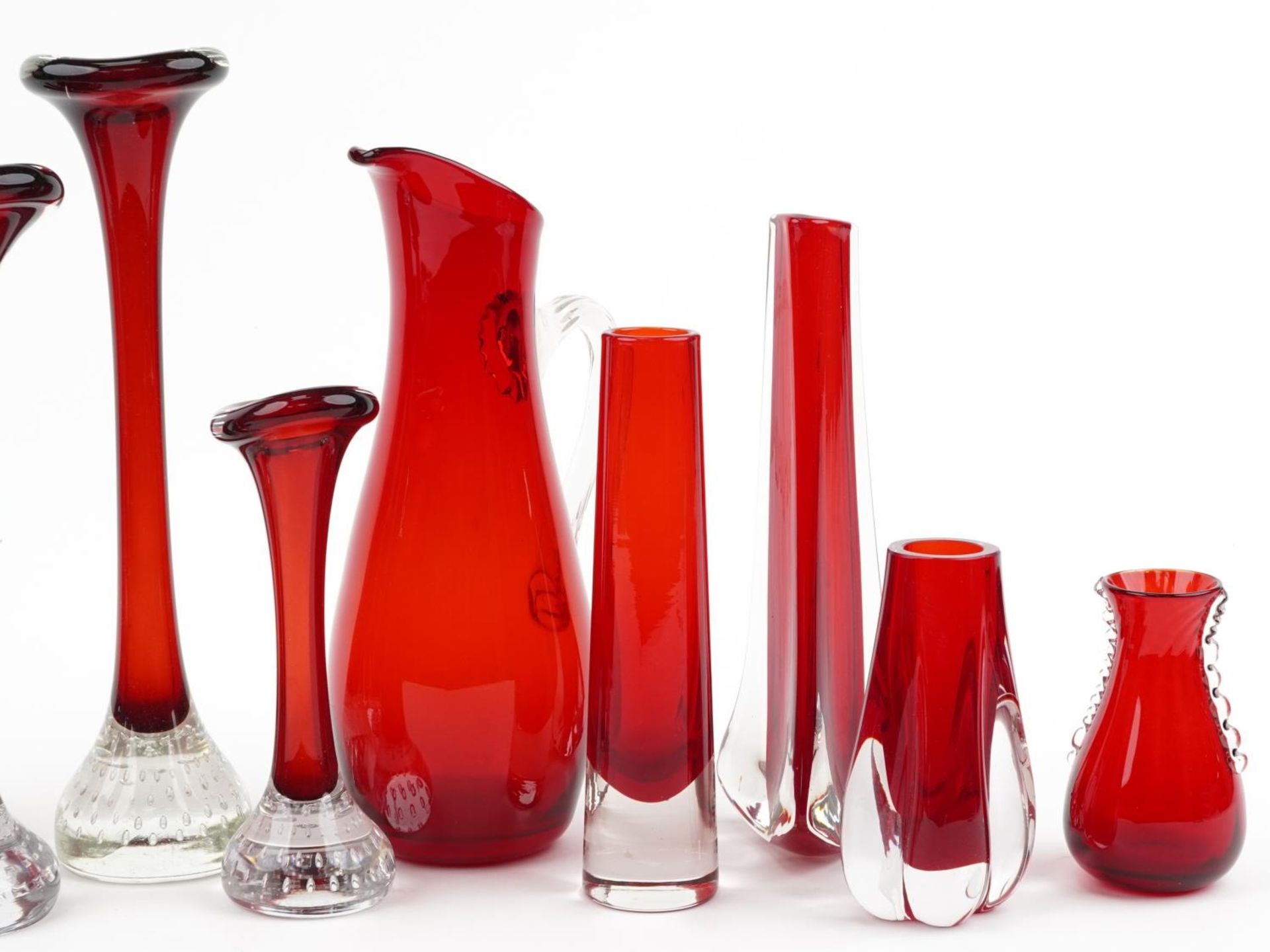 Whitefriars ruby glassware including sparrow beak pitcher and vases with controlled bubbles, the - Image 3 of 3