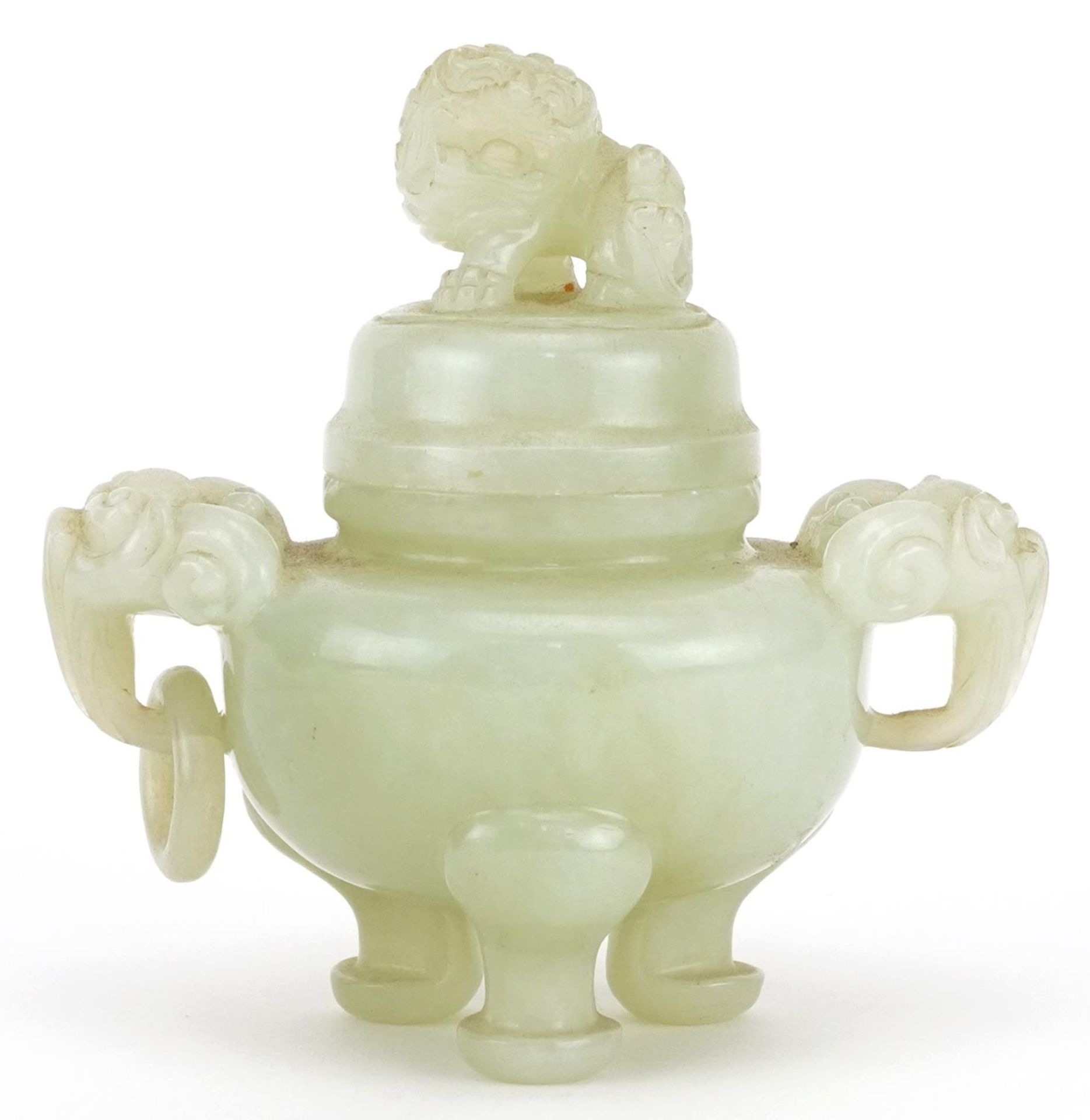 Chinese jadeite lidded tripod censer with handles, 11cm high : For further information on this lot