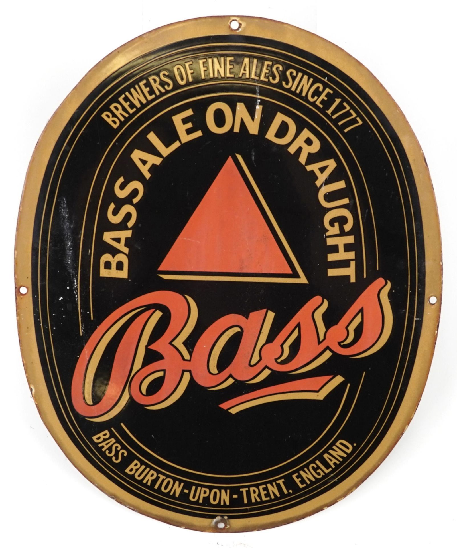 Vintage oval Bass Ale on Draught enamel advertising sign, 46cm x 36cm : For further information on