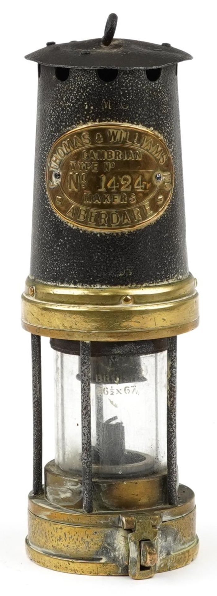 Antique Thomas & Williams miner's lamp with brass plaque numbered 1424 : For further information