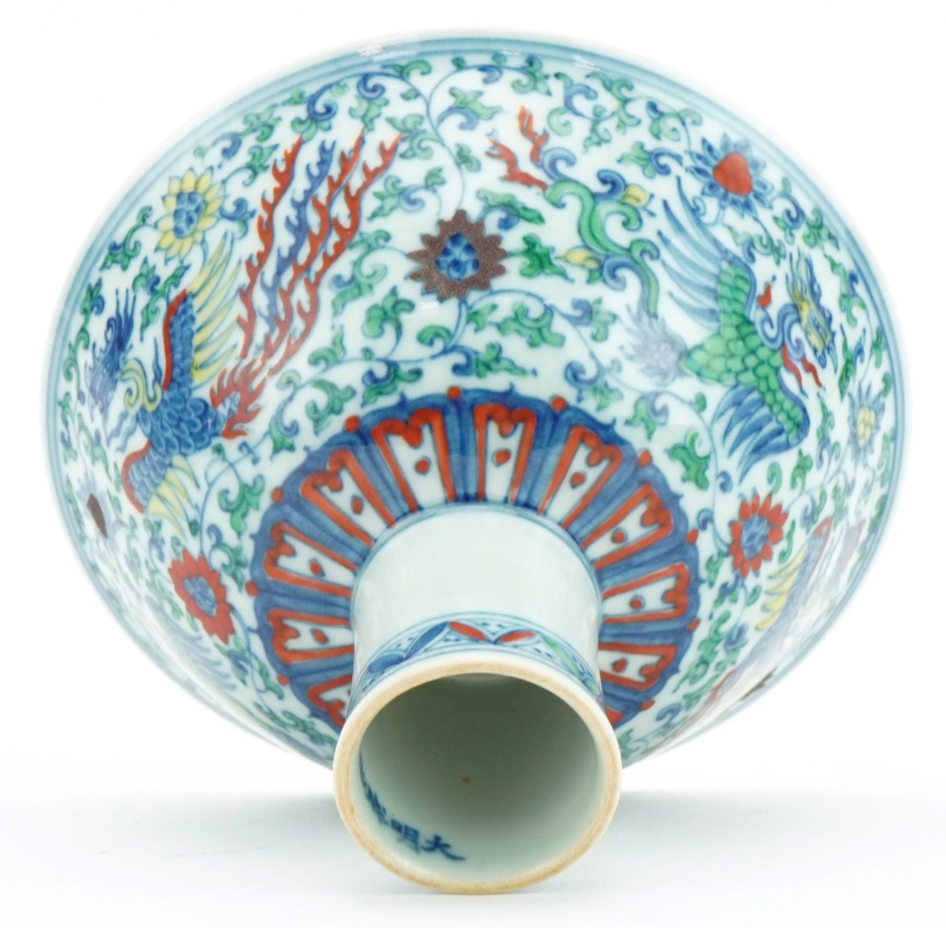 Chinese doucai porcelain stem bowl hand painted with phoenixes amongst flowers, six figure character - Image 6 of 7