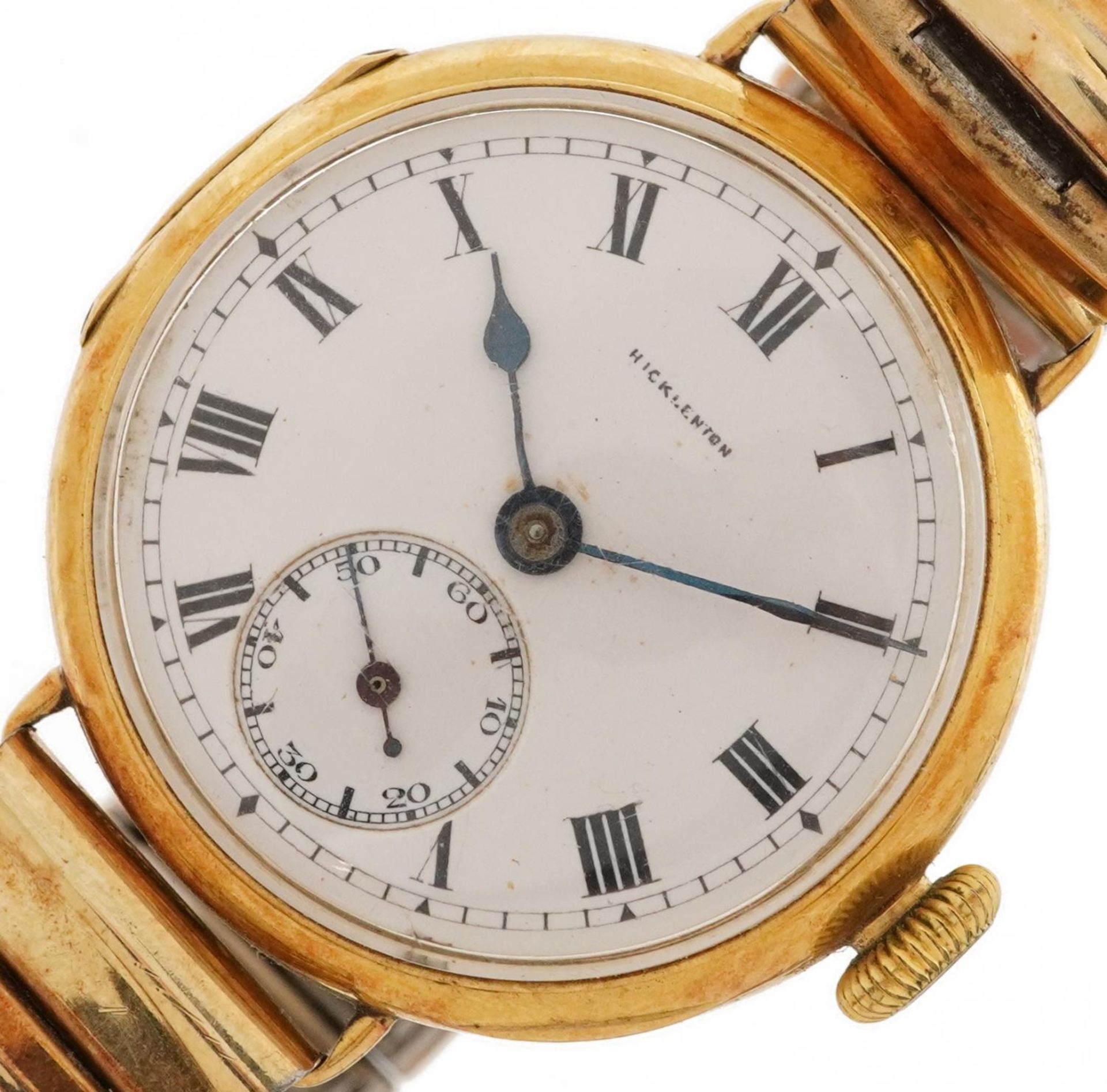 18ct gold gentlemen's manual trench type wristwatch with subsidiary dial retailed by Hicklenton,