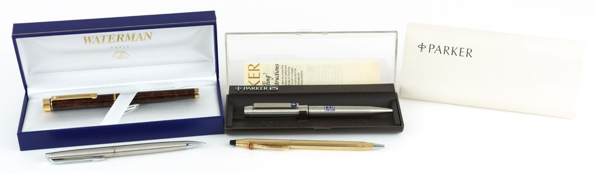 Pens and pencils comprising Sheaffer fountain pen with 14k gold nib, Waterman's propelling pencil