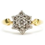 18ct gold diamond two tier flower head cluster ring, the largest diamond approximately 3.3mm in