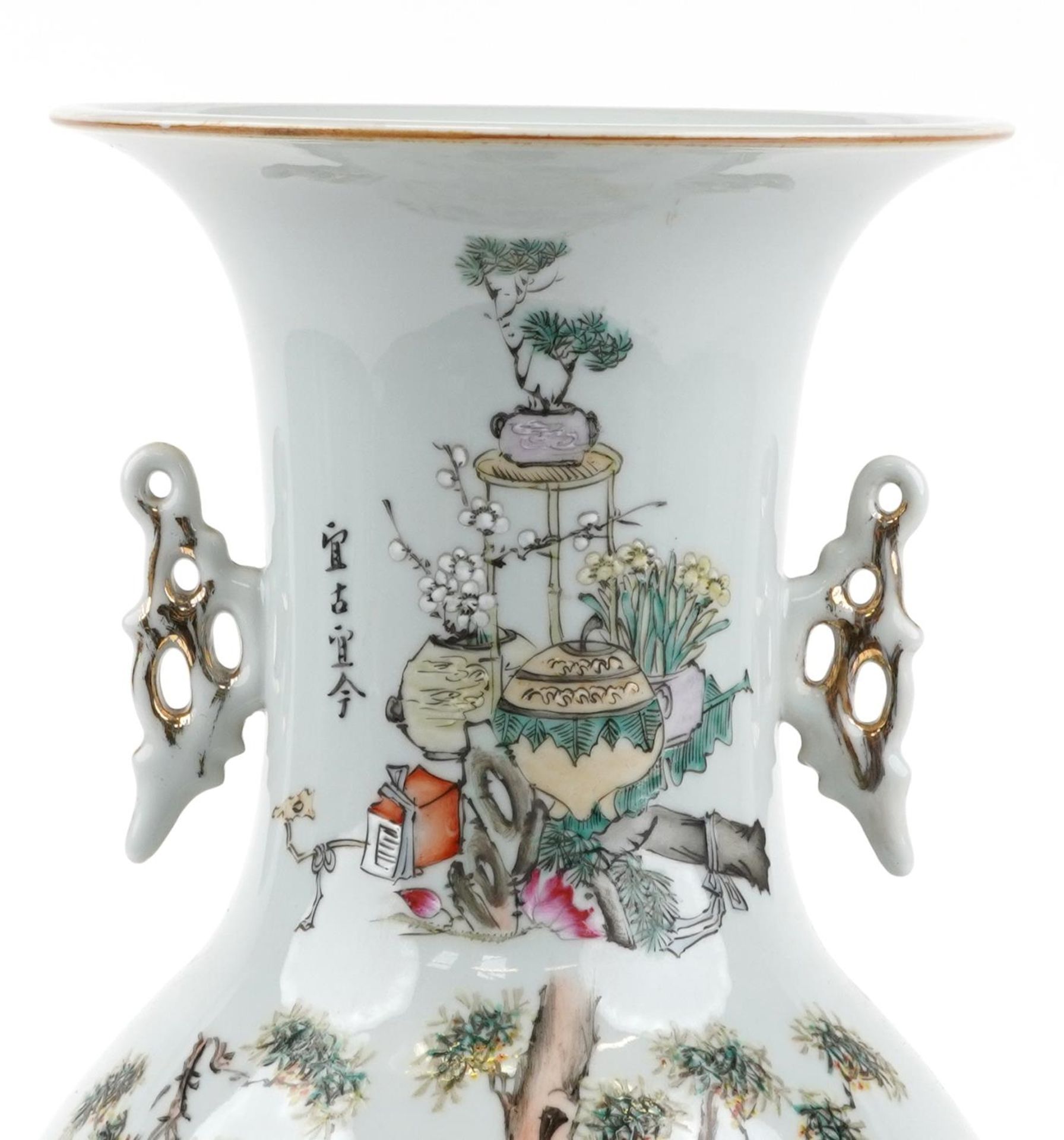 Large Chinese porcelain vase with handles hand painted in the famille rose palette with children - Image 2 of 8